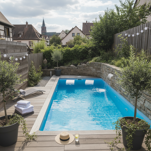 Piscines coques -10 m3 non imposables adaptées aux petits jardins urbains à Obernai vers Molsheim avec implantation optimisée et volume d eau maîtrisé