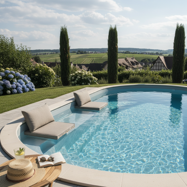 Piscines coques avec banquette immergée confortable à Molsheim vers Obernai pour détente baignade et convivialité extérieure