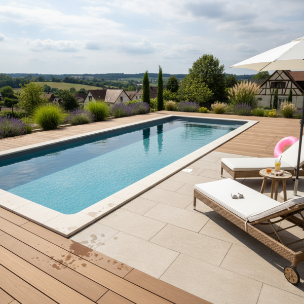 Piscines coques enterrées design contemporain à Selestat vers Molsheim avec finitions margelles terrasse et plage piscine