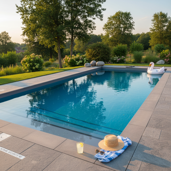 Piscines coques haut de gamme à Selestat vers Obernai avec escalier intégré banquette immergée et conformité norme sécurité NF
