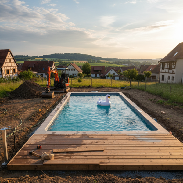 Piscines coques livrées et posées rapidement à Selestat vers Obernai avec coordination terrassement pose et mise en eau